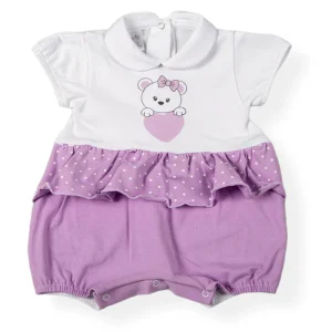 Pagliaccetto in cotone elasticizzato con stampa inserto in contrasto e balza arricciata fantasia pois