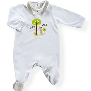 Tutina in piquet con stampa ed inserti in tessuto effetto lino rigato