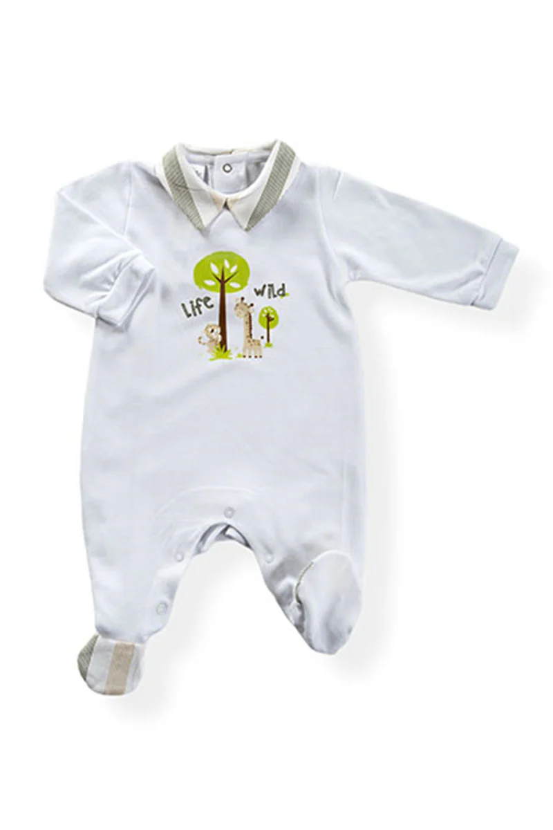 Tutina in piquet con stampa ed inserti in tessuto effetto lino rigato