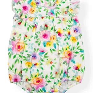 Pagliaccetto in tela di cotone organico fantasia floreale con scollo quadro alette e taglio con arricciatura