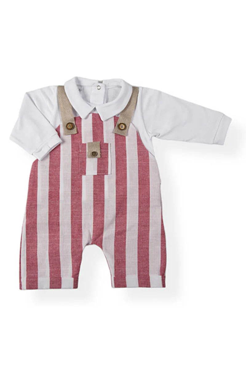 Tutina in cotone elasticizzato con finta salopette in tela effetto lino rigato con taschino e bretelle in juta - immagine 2