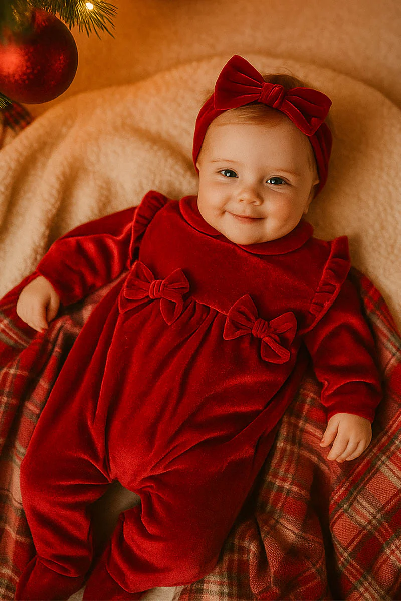 Tutina in velluto con alette arricciate, taglio con arricciatura e fiocchi in tessuto applicati