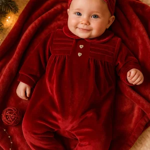 Tutina in velluto con elasticizzato con bottoni in madreperla a forma di cuore e taglio con arricciatura