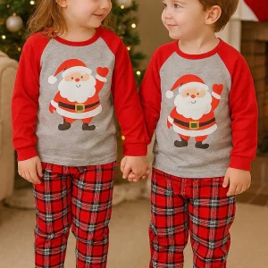 Pigiama bimba/o in caldo cotone con maniche raglan, stampa e pantalone scozzese