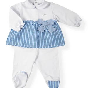 Completo in cotone elasticizzato con inserti in tessuto effetto lino rigato, strass e fiocco