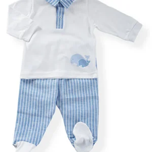 Completo in cotone elasticizzato con stampa ed inserti in tela effetto jeans rigata