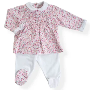 Completo in tela di cotone organico fantasia provenzale con punto smock e inserti in cotone elasticizzato