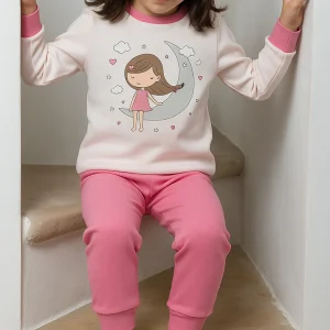 Pigiama in caldo cotone con stampa e scollo - pantalone in contrasto