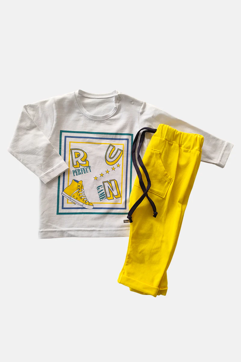 Completo 2 pezzi in cotone elasticizzato con stampa e pantaloni con tasche ed inserti in contrasto - immagine 2