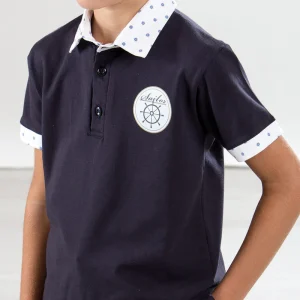 Polo in piquet con inserti finnta camicia in tela di cotone microfantasia e stampa laterale