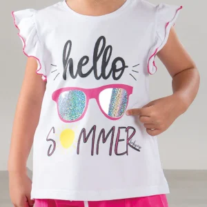 Completo in cotone con alette arricciate, stampa, applicazione effetto paillettes e short in cotone elasticizzato con spacchi