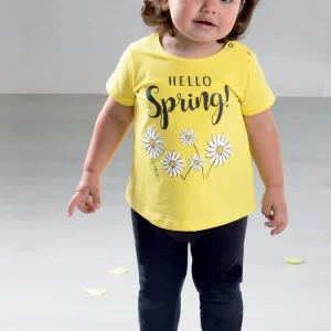 Completo in cotone elasticizzato con stampa, e leggings in contrasto