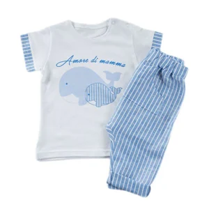 Completo in cotone con stampa e inserti su maniche rigati + Pantalone modello cavallo basso con tascone