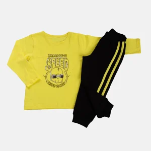 Completo: T-shirt manica lunga in cotone elasticizzato con stampa e pantalone in felpina con bande in contrasto laterali