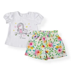 Completo: maglia in cotone elasticizzato con stampa e maniche a sbuffo e pantaloncino in tela di cotone organico fantasia floreale