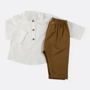 Completo 2 pezzi camicia in tela di cotone con collo alla coreana + pantalone con risvolto