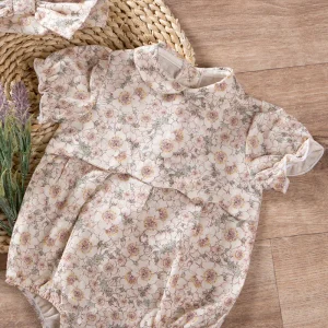 Pagliaccetto neonata in tela di cotone organico con colletto e maniche a palloncino