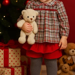 Completo 2 pezzi : camicina in flanella scozzese con colletto + short in vellutino millerighe con balza