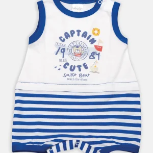 Pagliaccetto  smanicato in piquet con stampa ed inserti rigati