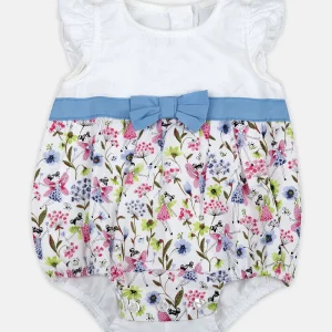 Pagliaccetto in tela di cotone fantasia floreale con fiocco applicato