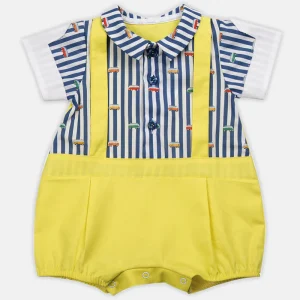 Pagliaccetto mezza manica in in tela di cotone con inserto in tessuto fantasia pulmini