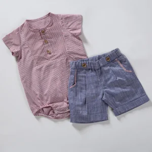 Body a camicia in tela di cotone rigato con taglio quadro e bermuda in tela di cotone effetto jeans