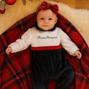 Tutina neonata in ciniglia con ricamo "Piccola Principessa" e nastro in velluto rosso