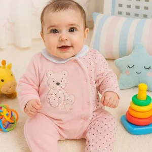 Tutina in ciniglia con apertura anteriore laterale e inserti a pois con ricamo