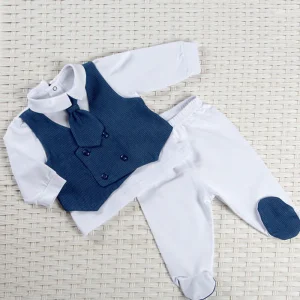 Completo in cotone elasticizzato con gilet doppio petto applicato in tessuto gessato e cravattino