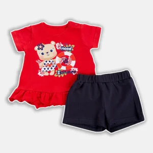 Completo 2 pezzi t-shirt mezza manica in cotone elasticizzato con stampa e balza + pantaloncino in contrasto