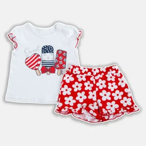 Completo 2 pezzi : T-shirt mezza manica in cotone con stampa, maniche a palloncino con profilo in contrasto + pantaloncino fantasia floreale con rouches sul fondo