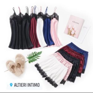 Babydoll /pigiama sexy in morbido raso con inserti in pizzo