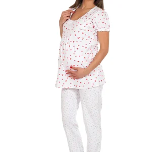 Pigiama pre-post parto mezza manica in cotone elasticizzato con stampa pois cuoricini e taglio incrociato