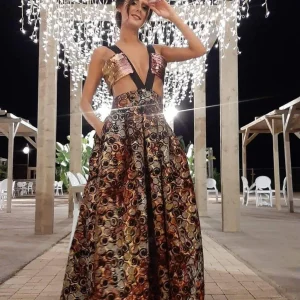 Abito Red Carpet Maxi Gonna a Pieghe Broccato in Seta Fantasia