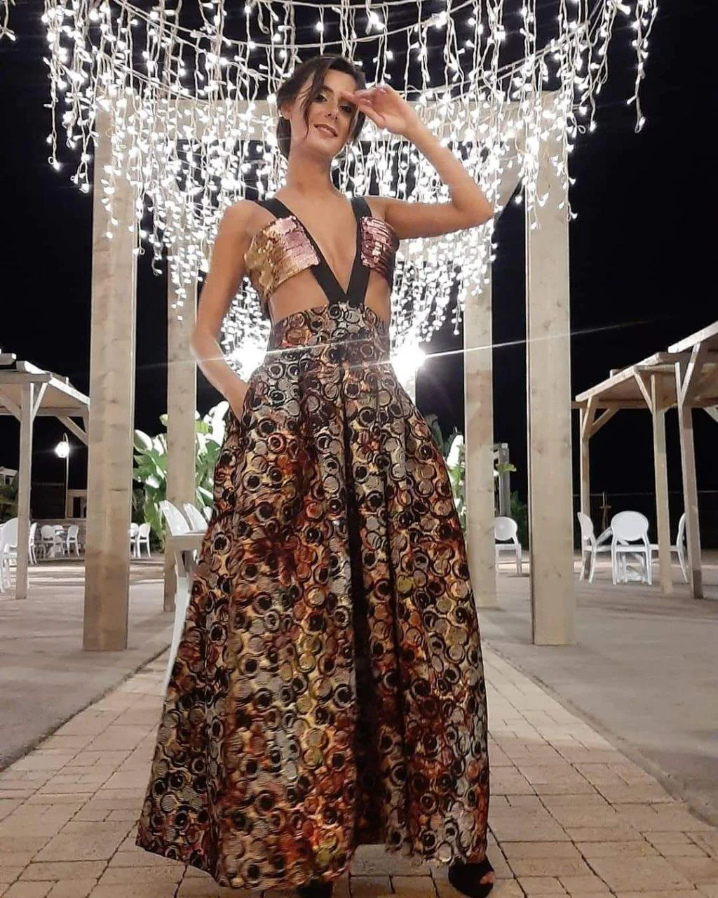 Abito Red Carpet Maxi Gonna a Pieghe Broccato in Seta Fantasia - immagine 2