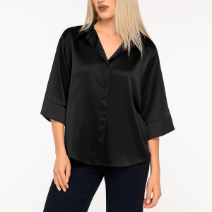 Blusa satinata donna colore nero satinata con maniche a tre quarti