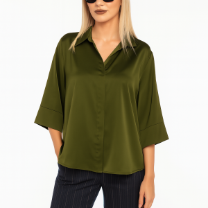Blusa satinata donna colore verde militare satinata con maniche a tre quarti