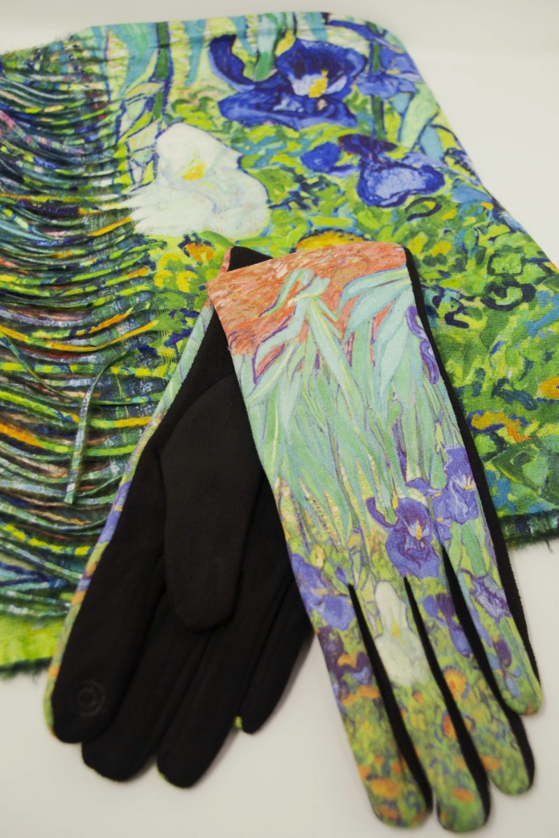 Completo d’ autore sciarpa più guanti raffigurante il quadro “IRIS” di Van Gogh