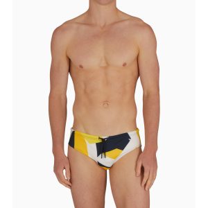 Costume uomo a slip Emporio Armani con stampa geometrica in colore giallo, blu e bianco in taglia 48/M