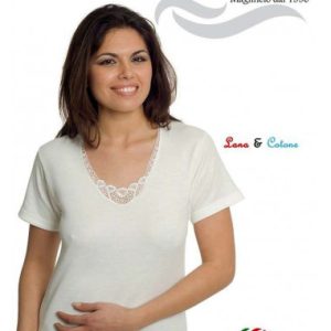 Maglia donna marca Leable modello a mezza manica  scollo a V con pizzo Lana e Cotone articolo 95 – Made in Italy