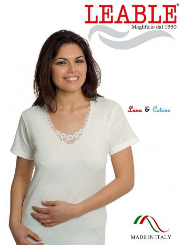 Maglia donna marca Leable modello a mezza manica scollo a V con pizzo Lana e Cotone articolo 95 – Made in Italy - immagine 2