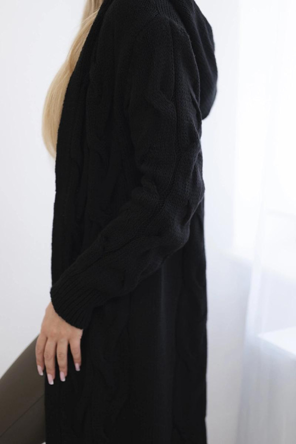 Cardigan donna nero modello Londra con maglia ad intreccio e cappuccio - immagine 6