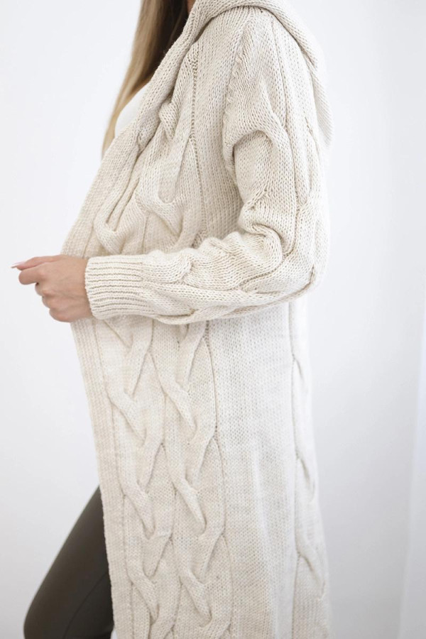 Cardigan donna beige modello Londra con maglia ad intreccio e cappuccio - immagine 6