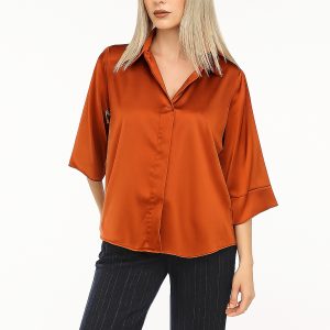 Blusa satinata donna colore arancio ramato satinata con maniche a tre quarti