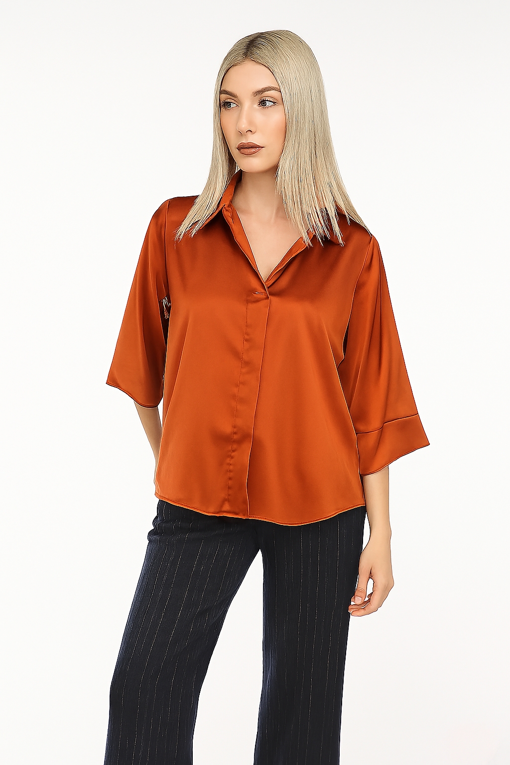 Blusa satinata donna colore arancio ramato satinata con maniche a tre quarti