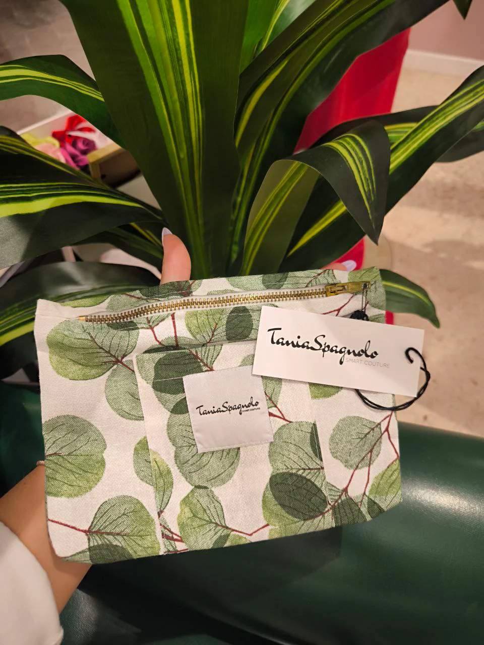 POCHETTE fantasia foglie verdi