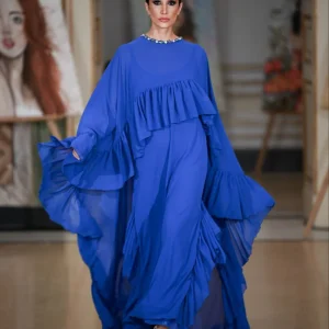 01. Abito Red Carpet A-Line con mantello in georgette blue royal - PREORDINA